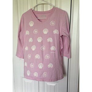 Marushka Tee Shirt Top Medium 3/4 Sleeves Cotton Pink Seashell V Neck